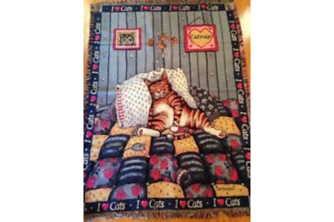 I Love Cats Striped Tabby Catnap Gary Patterson Danbury Mint Throw Blanket NOS