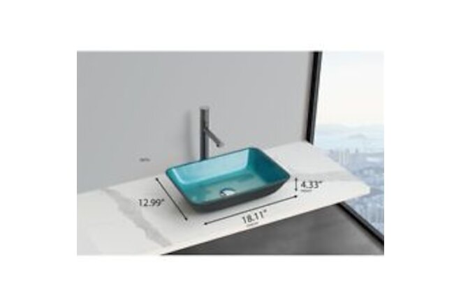 Pemberly Row Rectangular Tempered Glass Vessel Bathroom Sink in Blue