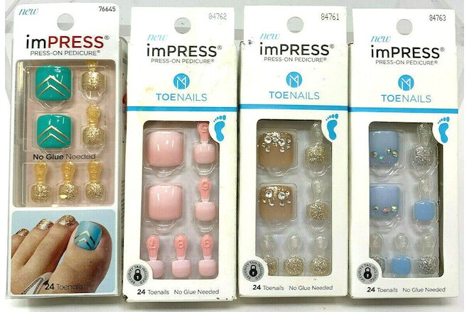 (4) Kiss Impress Press-On Pedicure Toenails New & Sealed Unique Sets No Repeats