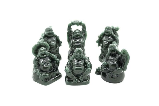 SET OF 6 HAPPY BUDDHA STATUES 2" Green Color Resin Hotei Fat Laughing Feng Shui