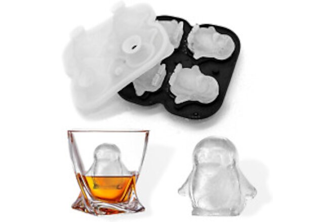 3D Penguin Ice Cube Mold, 4 Hole Animal Shapes Ice Cube Tray for Whiskey,Cocktai