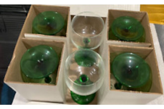Luminarc Emerald Green Stem Hock Wine Glasses France 7 " Set of 6 with Box