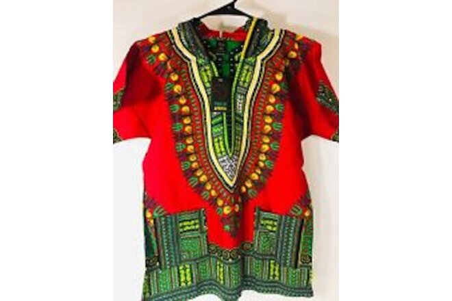 African Dashiki Short Sleeve Hooded Traditional Red Green Youth Size 12/14
