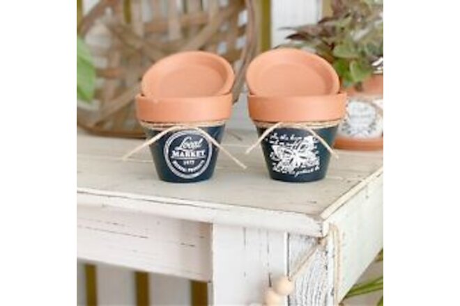 Hand Painted 4 inch Terracotta Planter, Set of 2 Navy w/white design