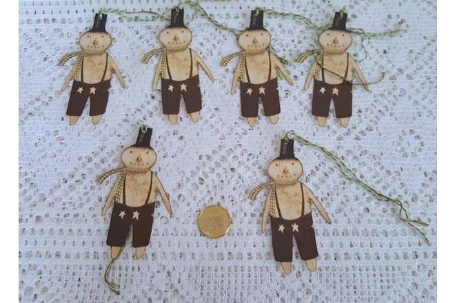 6~Primitive~Christmas~Snowman~Fussy Cut~Linen Cardstock~Gift~Hang~Tags~Ornies