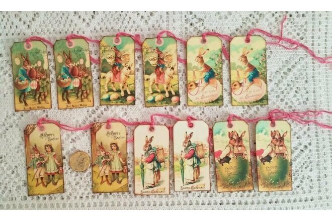 12~Easter~Vintage~Bunny~Rabbit~Hare~Fussy Cut~Linen Cardstock~Gift~Hang~Tags