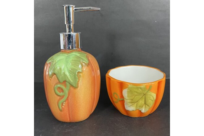 Soap / Lotion Dispenser Pump + Sponge Bowl Ceramic Pumpkin Fall Autumn Halloween