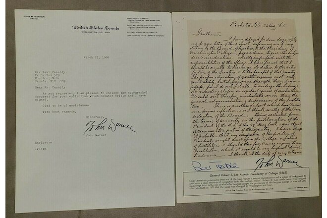 2 Senator Signed Autographs - John Warner + Paul Trible (VA) signed enclosure