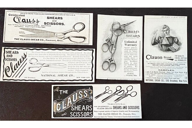Antique 1890s CLAUSS SHEARS Vtg Sewing/Tailor Scissors Print Ad Lot~Fremont,Ohio