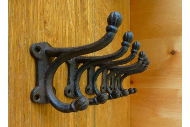 6 BROWN ANTIQUE-STYLE DOUBLE BALL COAT HOOKS 4" CAST IRON rustic wall hardware