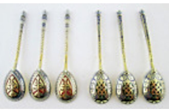 Antique RUSSIAN Silver 84 GILT CHAMPLEVE ENAMEL 6 Spoons