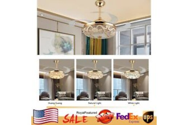 42" Luxury Crystal Chandelier Ceiling Fan Light Retractable LED Dimmable&Remote