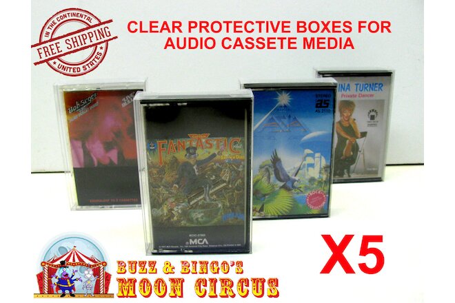 5x MUSIC CASSETTE TAPE - CLEAR FOLDING PROTECTIVE BOX PROTECTOR SLEEVE CASE