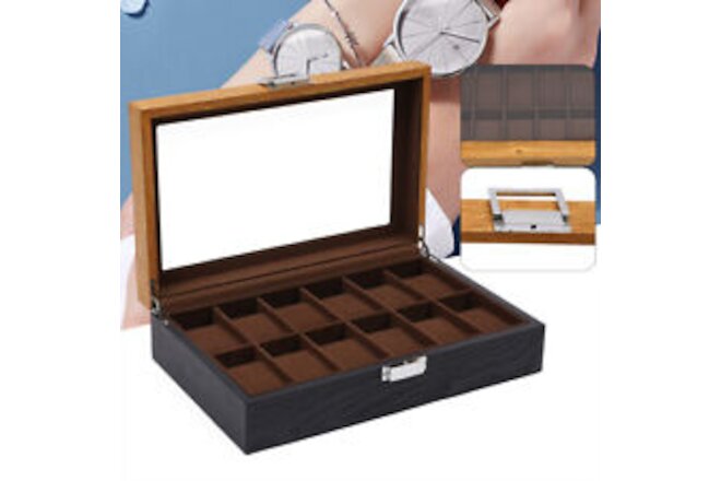 12 Slots Wooden Watch Box Display Organizer Jewelry Storage Gift Box with Lock