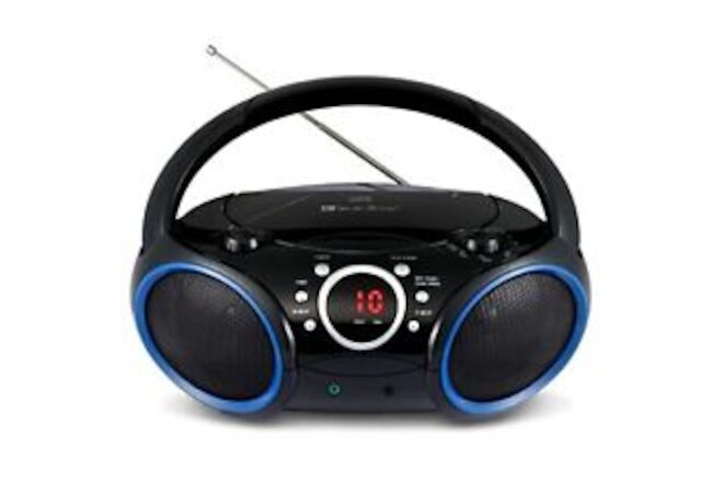 030C Portable CD Player Boombox with AM FM Stereo Radio, Black with Blue Rim
