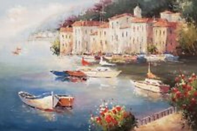 Mediterranean Harbor- #4CMH-3, 24x36, 100% Hand Painted Oil Painting on Canvas