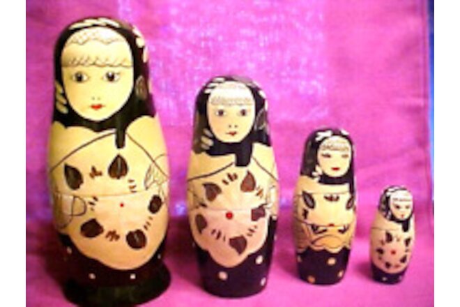 Russian Nesting Dolls (4) Stackable Wooden Original Hand Painted Girls, 7 in