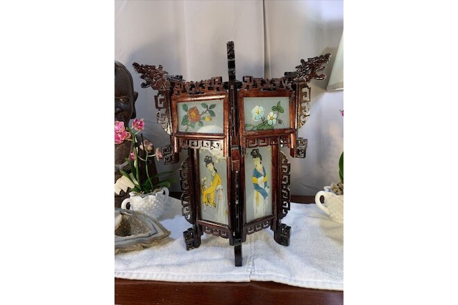 Antique Vintage Chinese Zitan Carved Wood Reverse Painted Glass Paneled Lantern
