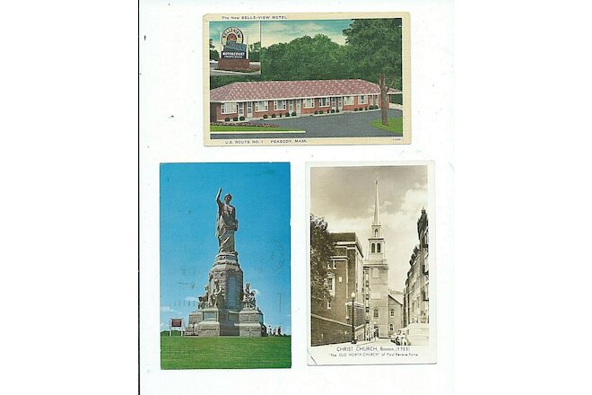3 vintage MASSACHUSETTS Postcards PLYMOUTH, PEABODY Motel, BOSTON Christ Church