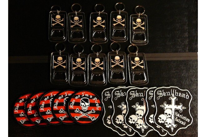20 Piece Lot Skull & Crossbones Bottle Opener Keychains & Pirate SKuLL Patches