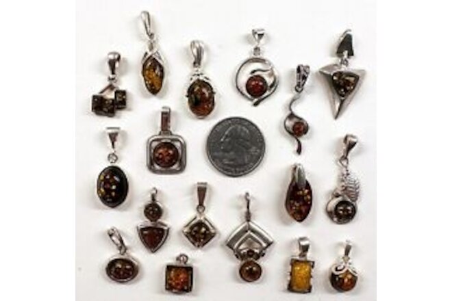 925 Solid Sterling Silver Baltic Amber Clean Shiny Quality Pendants Lot 40 g
