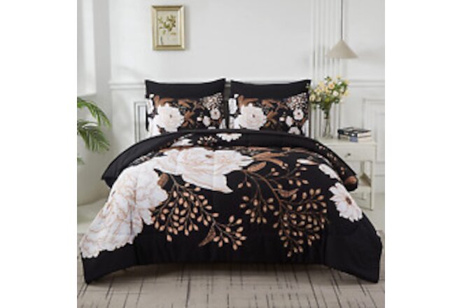 7 Piece Bed in a Bag King Size Comforter Set Botanical Floral Bedding Set,White