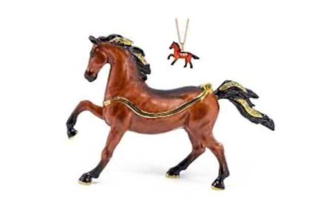 Bejeweled Enameled Pewter Arabian Stallion Horse Trinket Box With Necklace New!