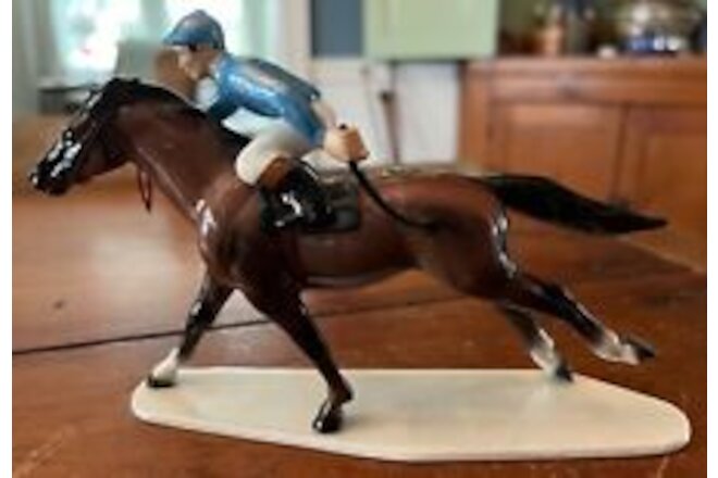 HR Hagen-Renaker Specialty Ceramic Race Horse With Jockey Blue Silks No Damage