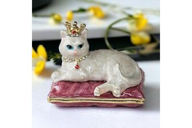 Royal Cat Jeweled Collar & Crown Opalescent Swirl Enameled Hinged Trinket Box