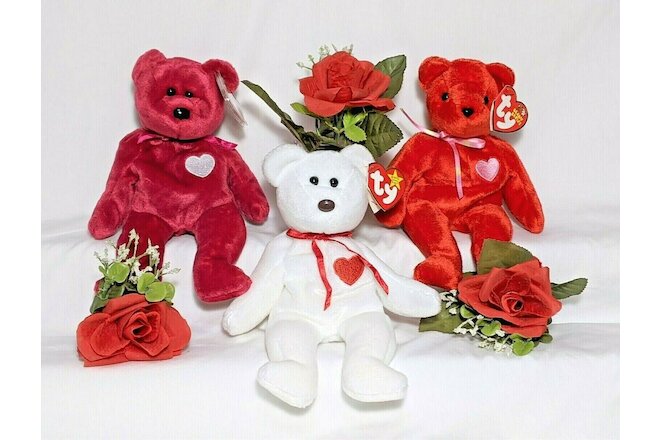 Lot Of 3 Retired Ty Beanie Babies Valentine - Love - Heart  Clean With Tags