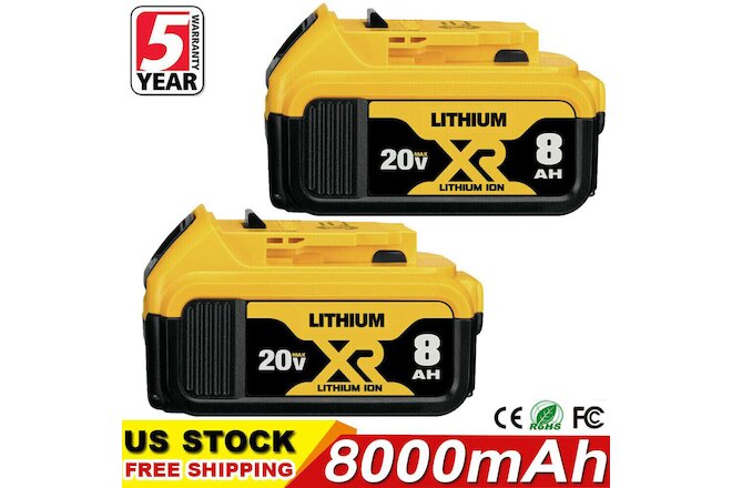 2 Pack 8.0AH Battery For DeWalt 20V Max XR Lithium Ion 20 Volt DCB206-2 DCB205-2