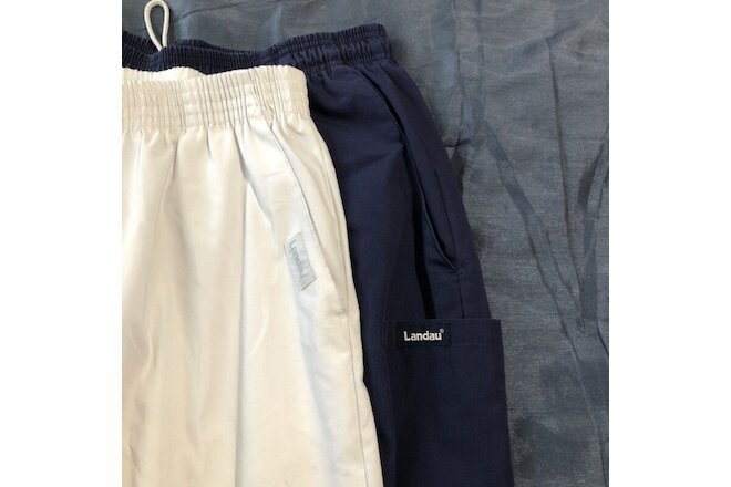 Lot of 2, Landau Women's Medical Scrub Pants Size XL, Elastic Waist White & Blue