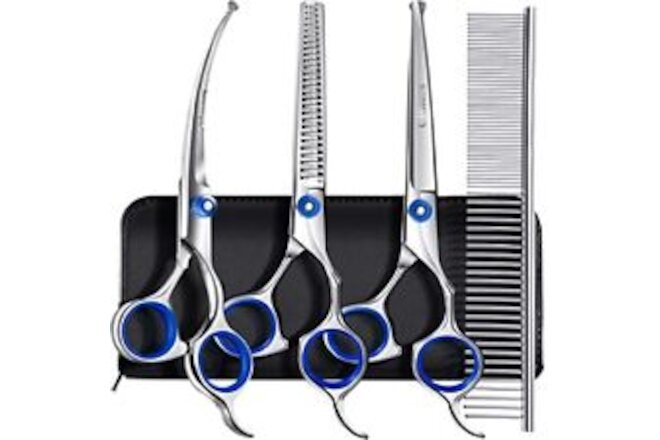 Professional 5 in 1 Grooming Scissors for Dogs 4CR with Safety Round Tip Heav...