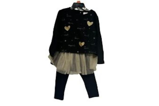 BCBG Baby Girls 2 Piece Top Tutu Leggings Set Black Heart Print Keyhole Size 2T
