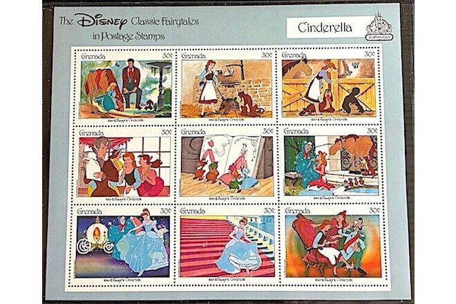 1987 Disney CINDERELLA MNH Sheet 9 x 30¢ Stamps + COA: #1542, Animation, Movie