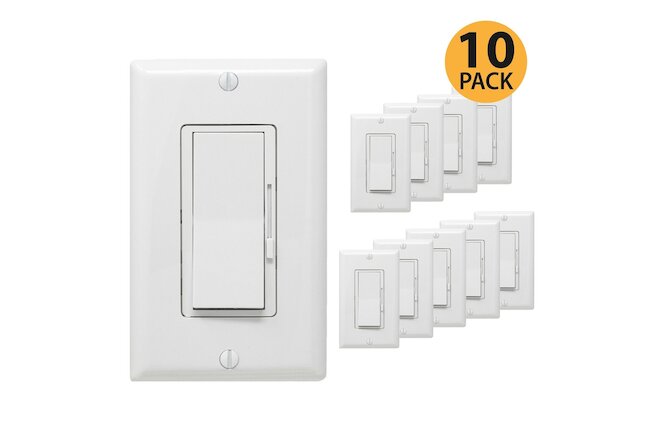 [10-Pack] Dimmer Light Switch- Single Pole or 3-Way for LED /Incandescent/ CFL