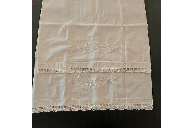 Embroidery Lace Crochet Pillowcases 2 King White on White 35x20" Cotton VTG