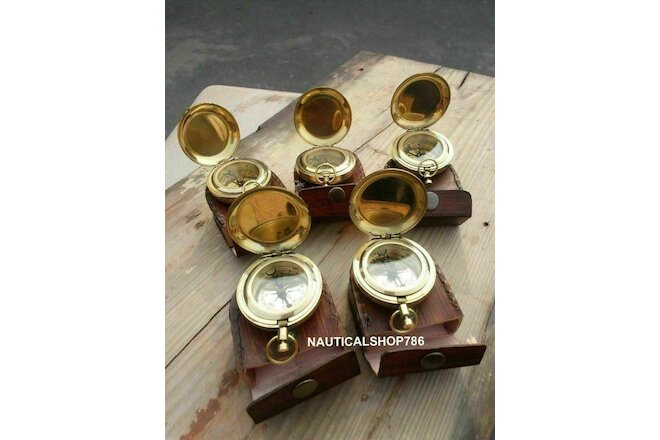 Maritime Push Button Compass Nautical Vintage Brass Compass With Case Set of 5