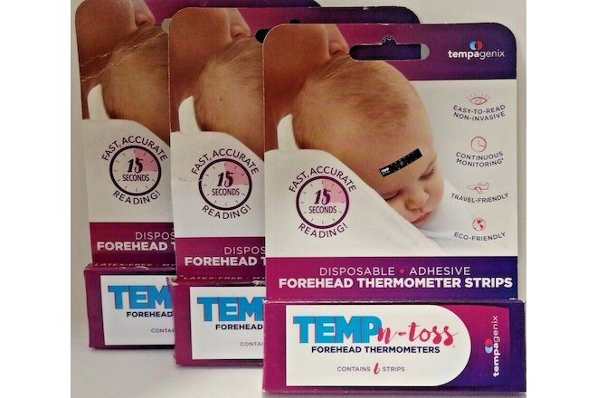 3 Packs Temp-N-Toss Forehead Disposable Thermometer Strips 6 Strips Per Pack