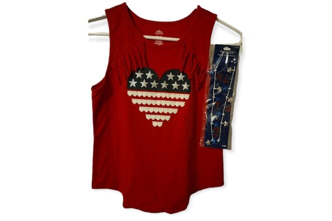 Patriotic Girl's Kid's Size XXL 18 Shirt Tank Top Plus Light Up Necklace