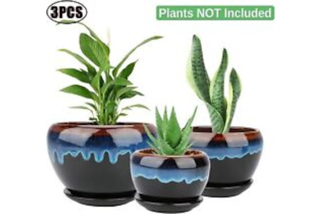 Ceramic Flower Pots Vintage Rustic Drip Glazed Planters for Succulent HerbsRound