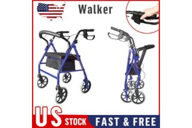 Steel Walker with Wheels Adjustable Height Foldable Rollator+Storage Bag