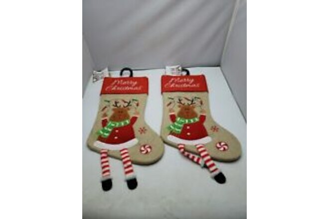 2 Merry Christmas  16 Inch Burlap Reindeer Stockings New