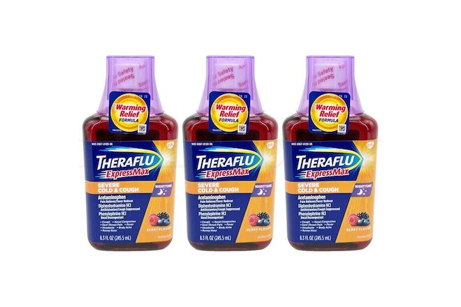 Lot of 3 - Theraflu Express Max Nighttime Severe Cold & Cough Berry Flavor 8.3oz