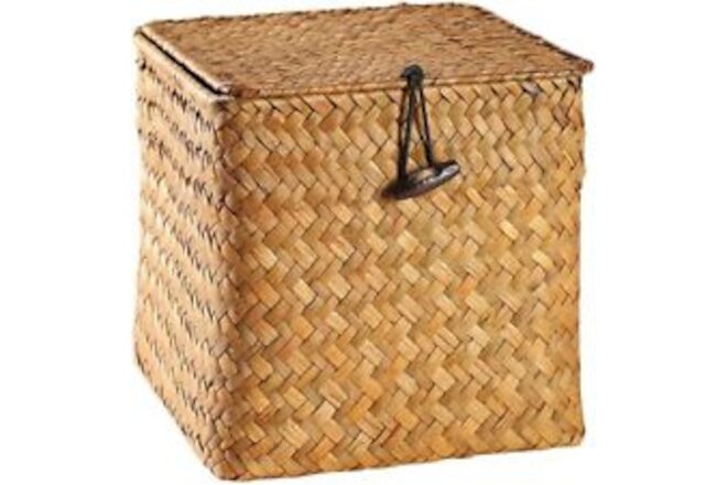 DOITOOL Straw Rattan Storage Basket With Lid Square Wicker 13x13cm, Orange