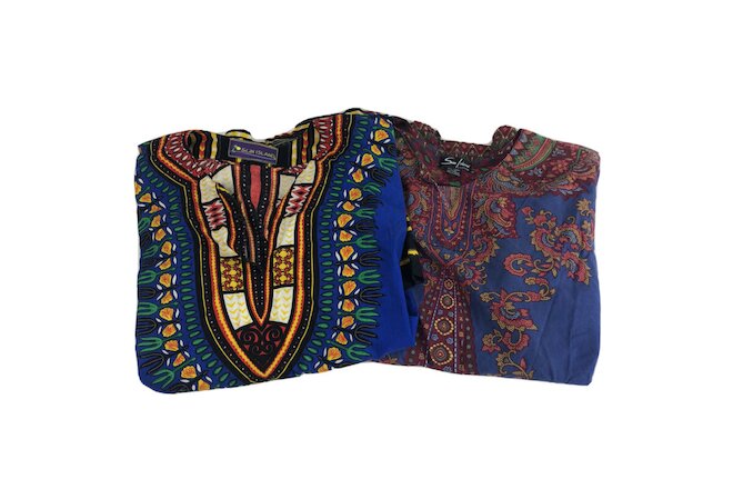 Lot of 2 Mens 2XL Sun Island African Dashiki Shirt Tribal Pattern Jamaica Blue