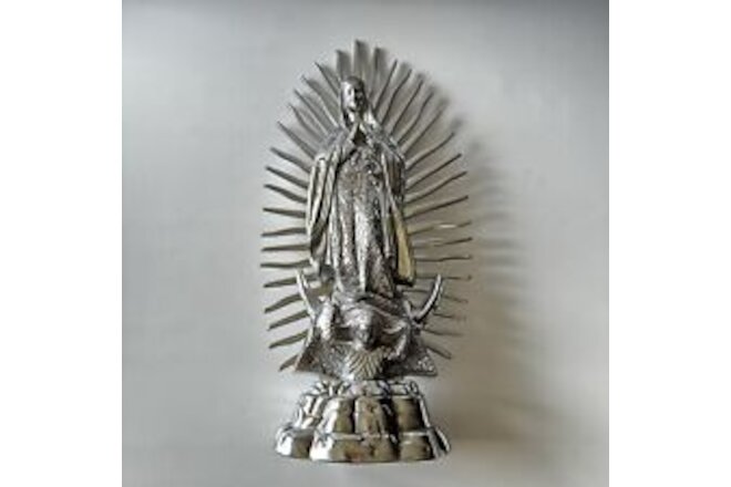 Pewter Virgin of Guadalupe Religious Statue Mexican Santo Art Silver Large 23"