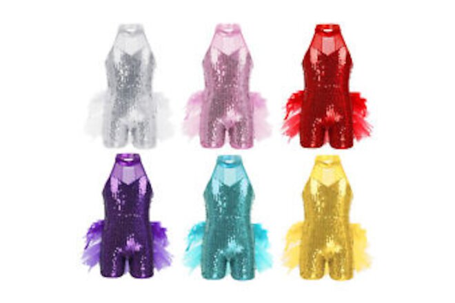 Girls Sleeveless Sequined Mesh Splice Leotard Jumpsuit Jazz Latin Dance Costume