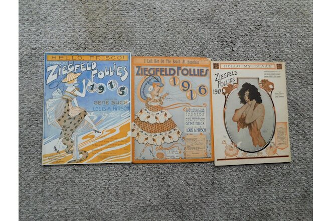 Lot of 3 Ziegfeld Follies Sheet Music:1915,16,17-Frisco, Honolulu, Hello My Dear