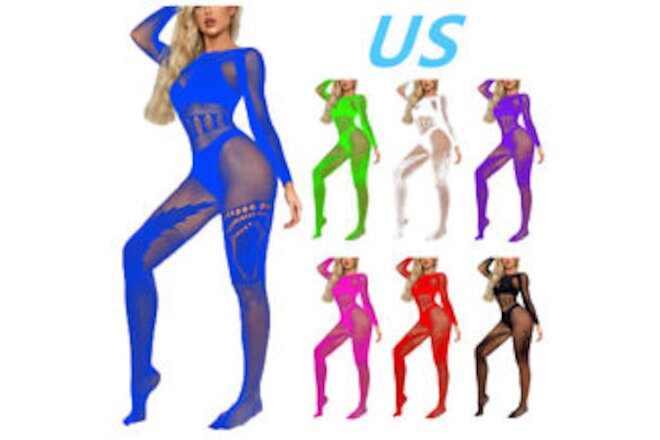 US Womens Fishnet Bodysuit Long Sleeve Cutout Jumpsuit Bodystocking Nightwear